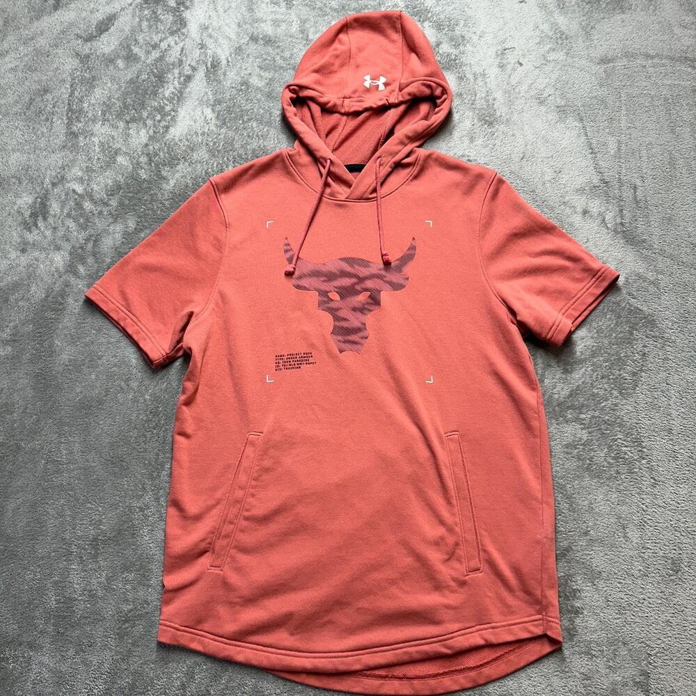 Under Armour Project Rock Short Sleeve Terry Hoodie Shirt Mens Size M Medium
